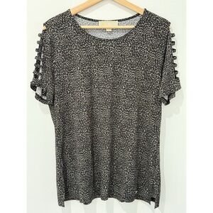 Michael Kors Short Sleeve Blouse Womens Large Leopard Print Slinky Knit Designer